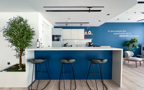 Vibrant Blue Office Kitchen Bar